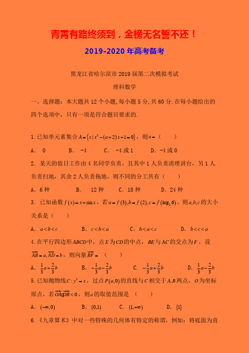 2019-2020年黑龙江省哈尔滨市二模：哈尔滨市2019届高三第二次模拟考试理科数学试题(有答案)