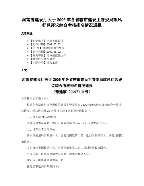 河南省建设厅关于2006年各省辖市建设主管委局政风行风评议综合考核排名情况通报