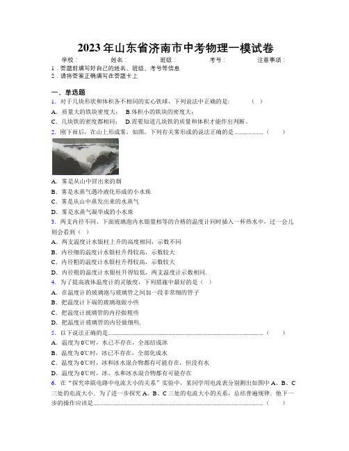 2023年山东省济南市中考物理一模试卷及解析