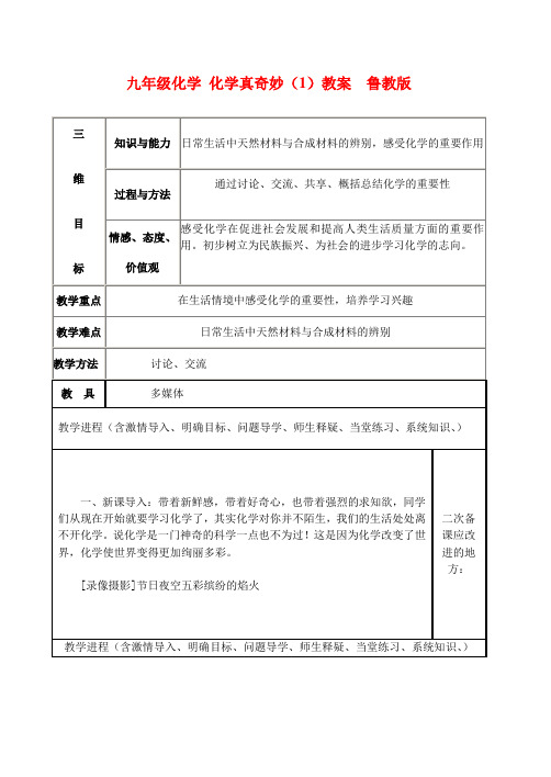 九年级化学 化学真奇妙(1)教案  鲁教版