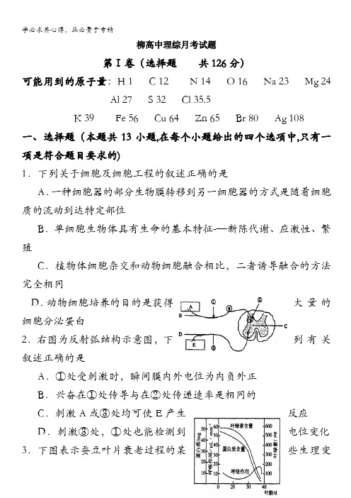 广西柳州高中2011届高三月考试题理综