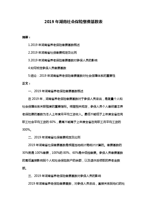 2019年湖南社会保险缴费基数表