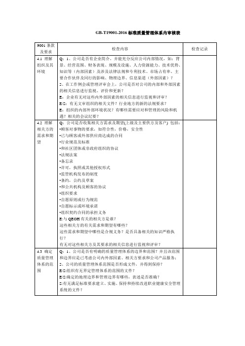 GB-T19001-2016标准质量管理体系内审核表