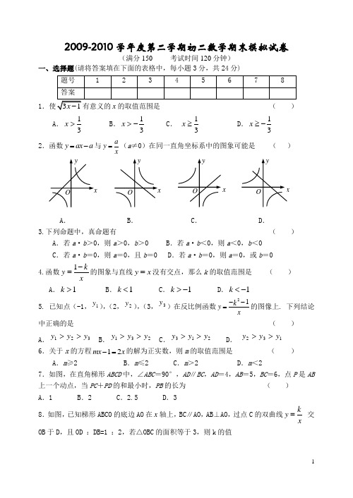 2010-2011学年度第二学期初二数学期末模拟试卷