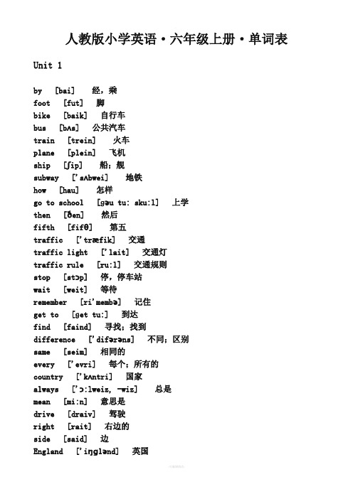 人教版pep小学英语六年级上册单词表(带有音标)1