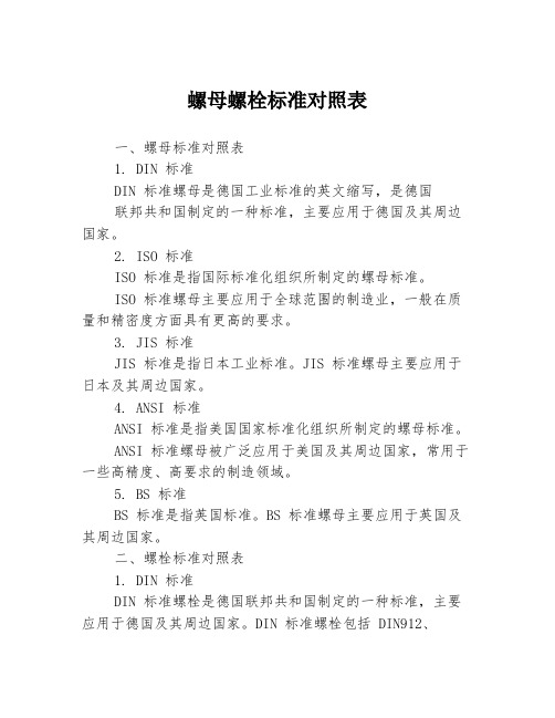 螺母螺栓标准对照表