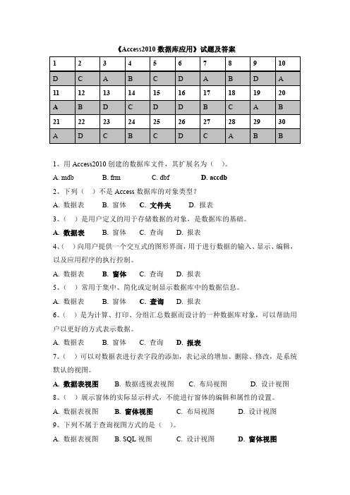 实训8 Access2010数据库应用试题及答案