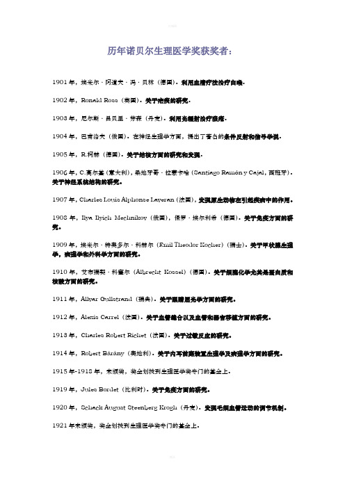 历年诺贝尔生理医学奖及化学奖获奖者整理