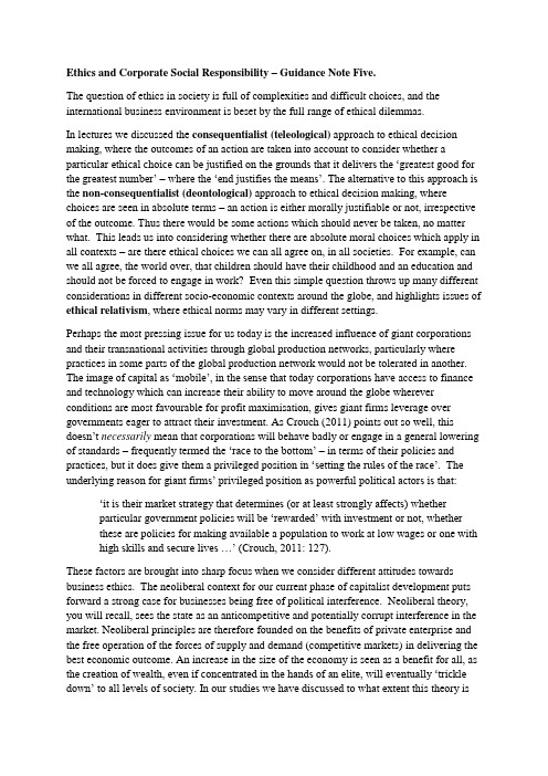 Ethics and Corporate Social Responsibility - Guidance Note Five