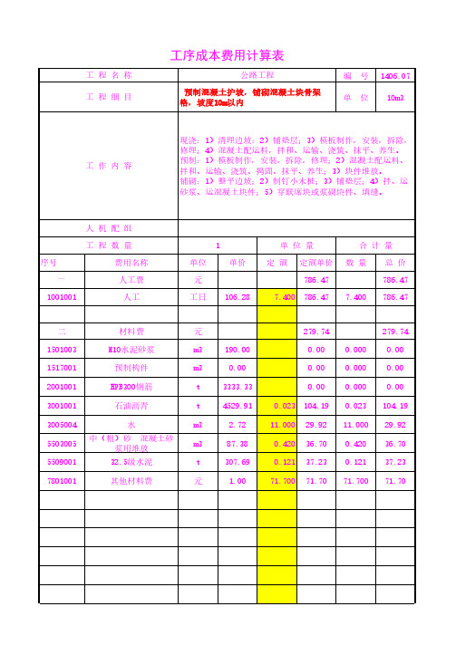 预制混凝土护坡,铺砌混凝土块骨架格,坡度10m以内工序成本单价20年3月