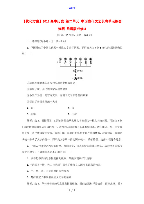 高中历史 第二单元 中国古代文艺长廊单元综合检测 岳麓版必修3-岳麓版高二必修3历史试题