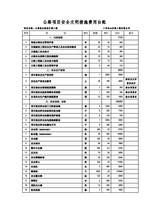 公路项目安全文明措施费用台账