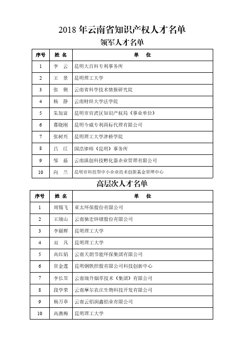 2018年云南省知识产权人才名单