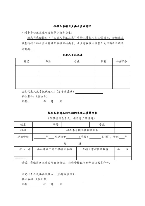 拟投入本项目主要人员承诺书