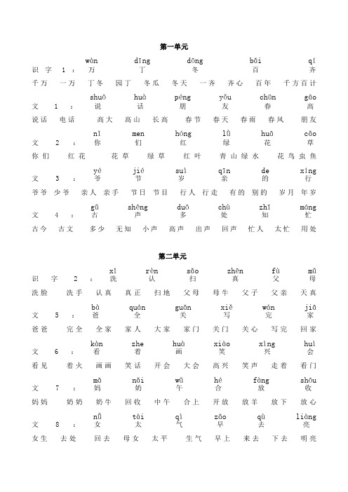 人教版小学一年级语文下册生字(带拼音)与组词