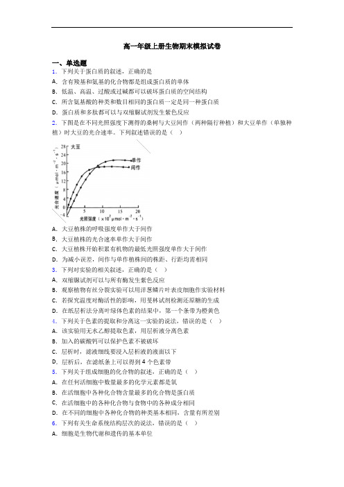 高一年级上册生物期末模拟试卷