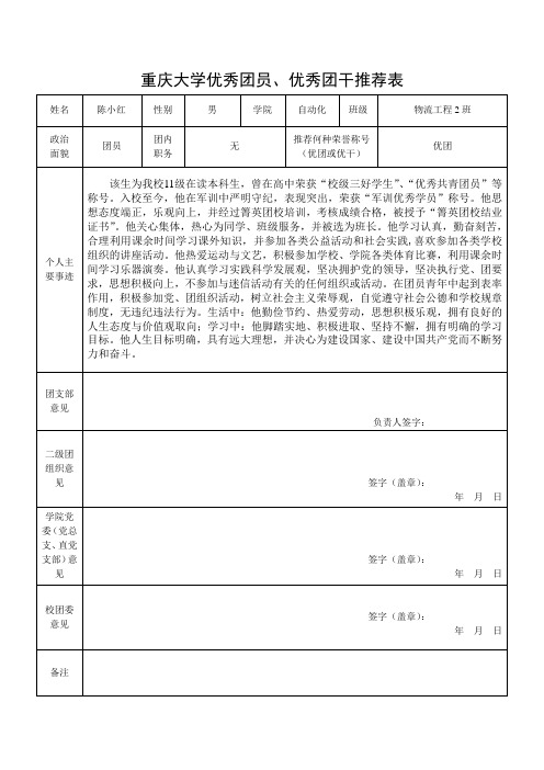 大学优秀团员推荐表