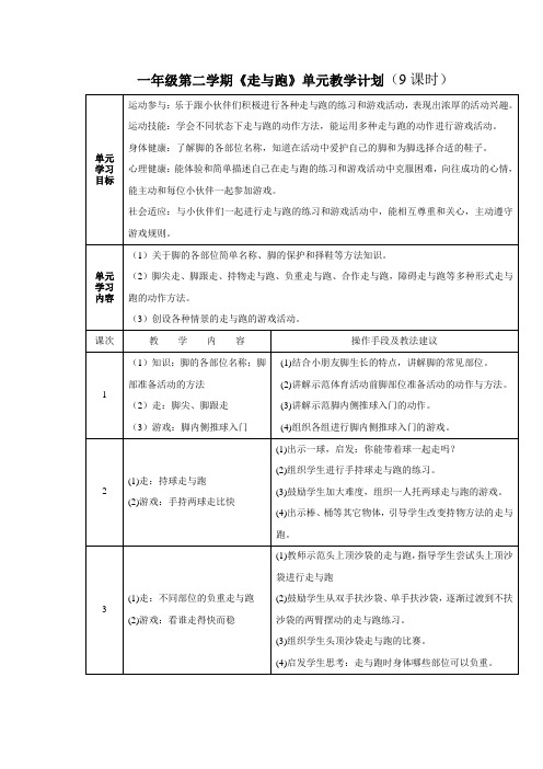 小学体育一年级第二学期《走与跑》单元教学计划