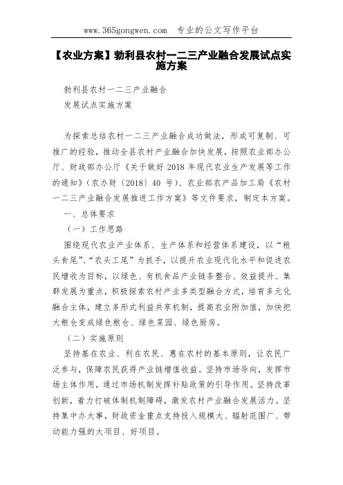 【农业方案】勃利县农村一二三产业融合发展试点实施方案