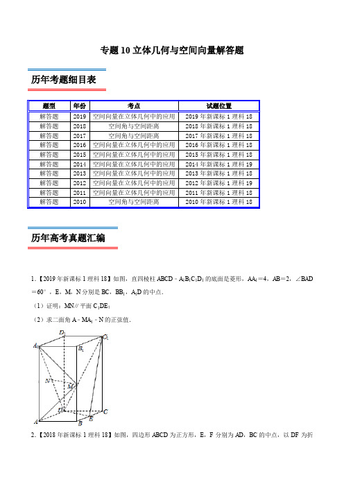 专题10 立体几何与空间向量解答题-高考数学(理)十年真题(2010-2019)深度思考(新课标Ⅰ卷)(原卷版)