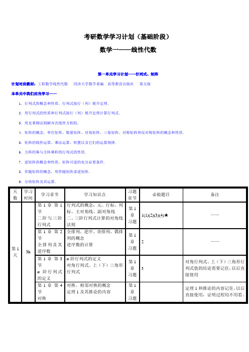 考研数学学习计划(基础阶段)数学一——线性代数