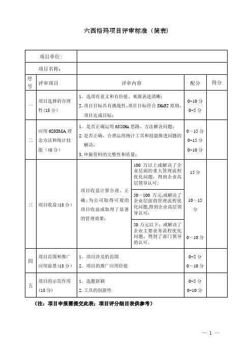 六西格玛项目评审标准(参考)