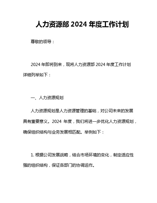 人力资源部2024年度工作计划3篇