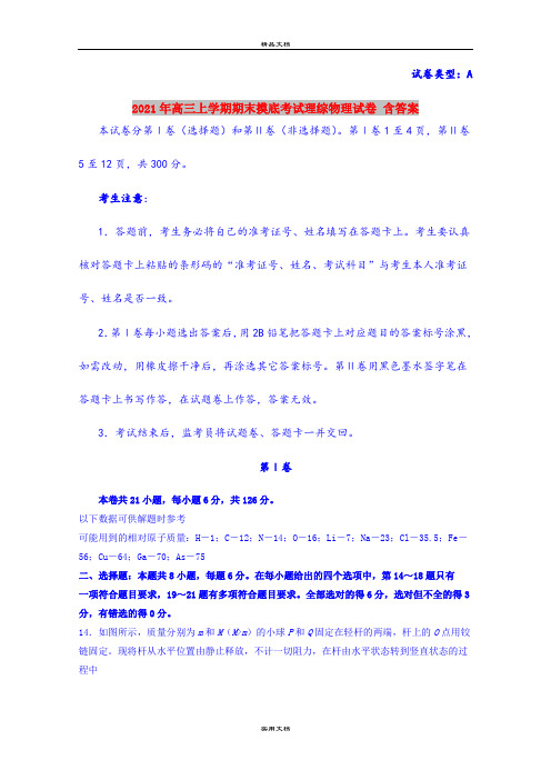 2021年高三上学期期末摸底考试理综物理试卷 含答案