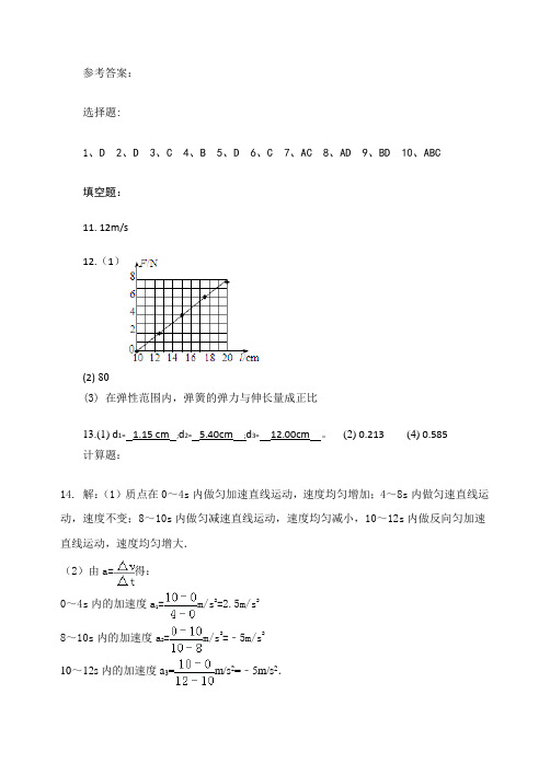 2016-17学年高一上学期期中考试菏泽市高一物理参考答案