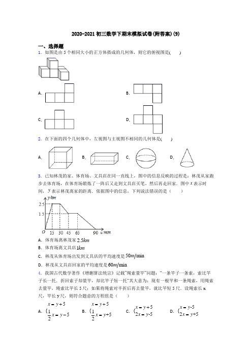 2020-2021初三数学下期末模拟试卷(附答案)(9)