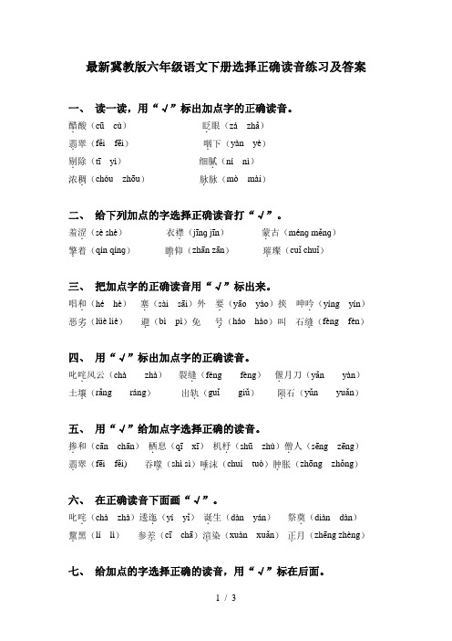 最新冀教版六年级语文下册选择正确读音练习及答案