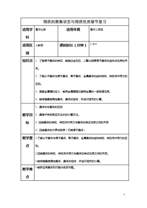 高中化学人教版选修3教案：第三章晶体结构与性质--物质的聚集状态与物质性质章节复习 Word版含解析