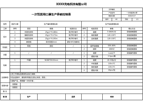 一次性医用口罩生产参数控制表
