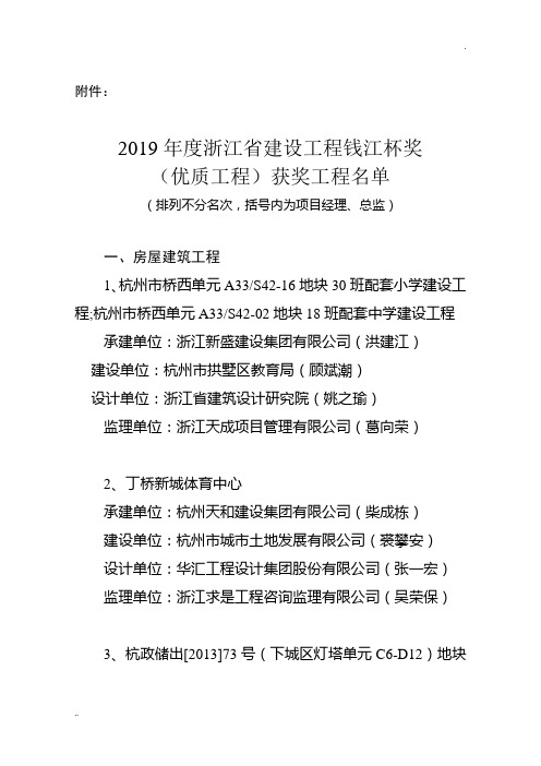 2019年度浙江省建设工程钱江杯奖(优质工程)获奖工程名单