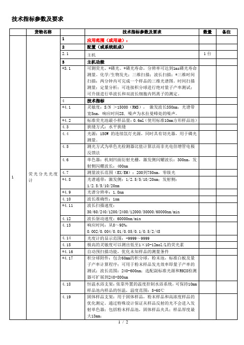 荧光分光光度计技术指标参数及要求