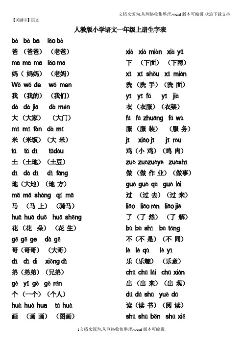 【语文】人教版语文一年级上全部生字组词加拼音供参考