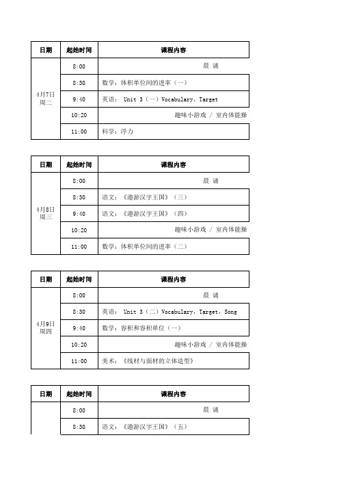 香洲区“空中课堂”小学课程计划表(4.7-4.30日)