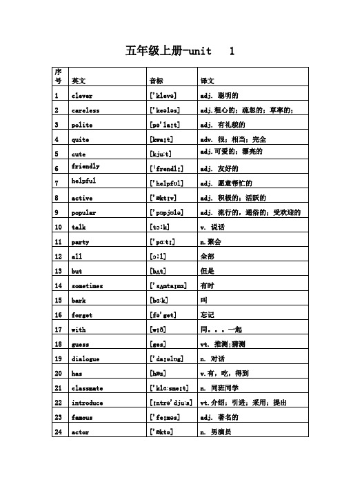 五年级上册第一单元单词