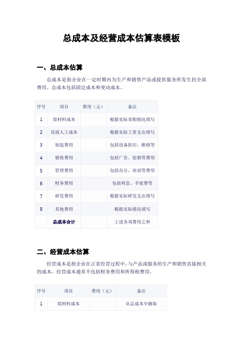 总成本及经营成本估算表模板