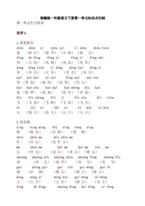 2020年部编版一年级语文下册第一单元知识点归纳