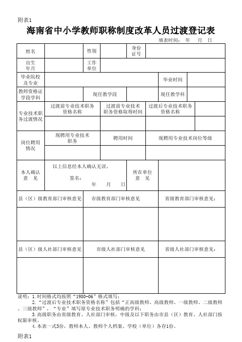 海南省中小学教师职称制度改革人员过渡登记表