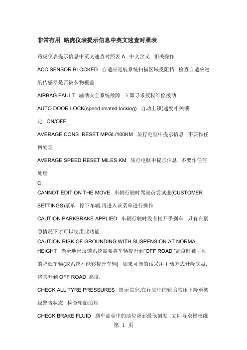 非常有用路虎仪表提示信息中英文速查对照表10页