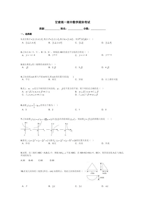 甘肃高一高中数学期末考试带答案解析
