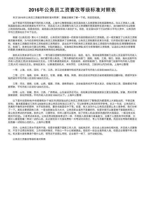 2016年公务员工资套改等级标准对照表