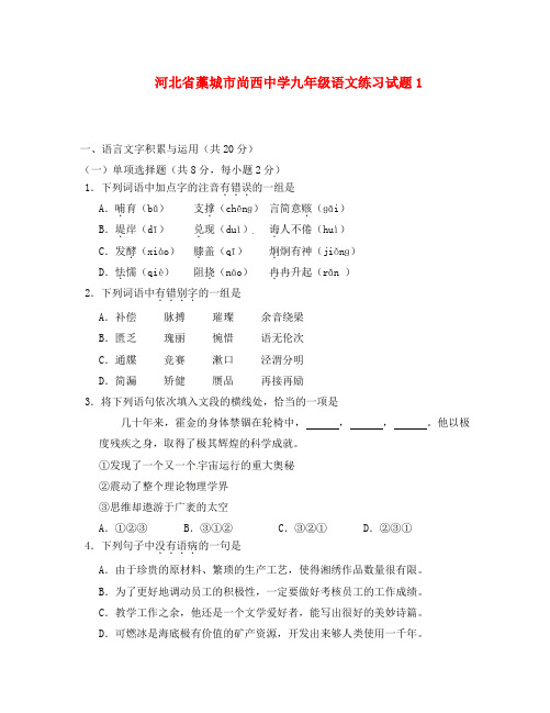 河北省藁城市尚西中学九年级语文练习试题1(无答案)