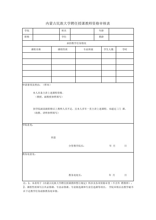 聘任授课教师资格审核表(样表)