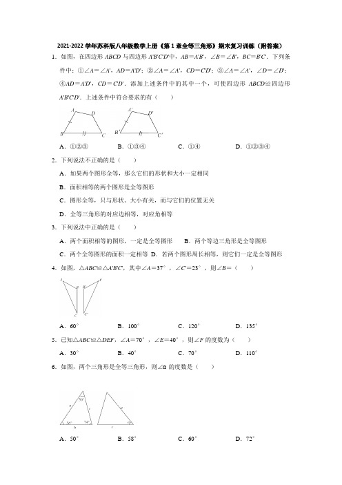 2021-2022学年苏科版八年级数学上册《第1章全等三角形》期末复习训练(附答案)