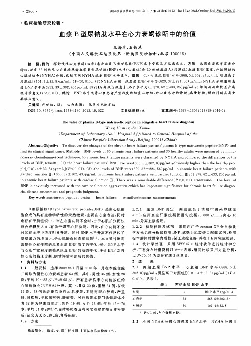 血浆B型尿钠肽水平在心力衰竭诊断中的价值