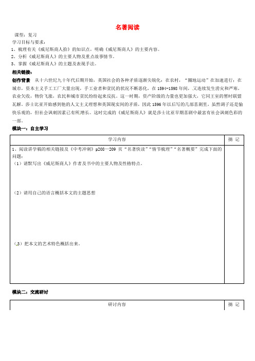 广东省河源中国教育学会中英文实验学校九年级下册 名著《威尼斯商人》阅读复习讲学稿(无答案) 语文版