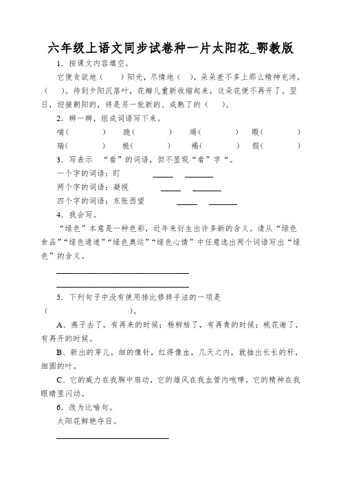 六年级上语文同步试卷种一片太阳花_鄂教版